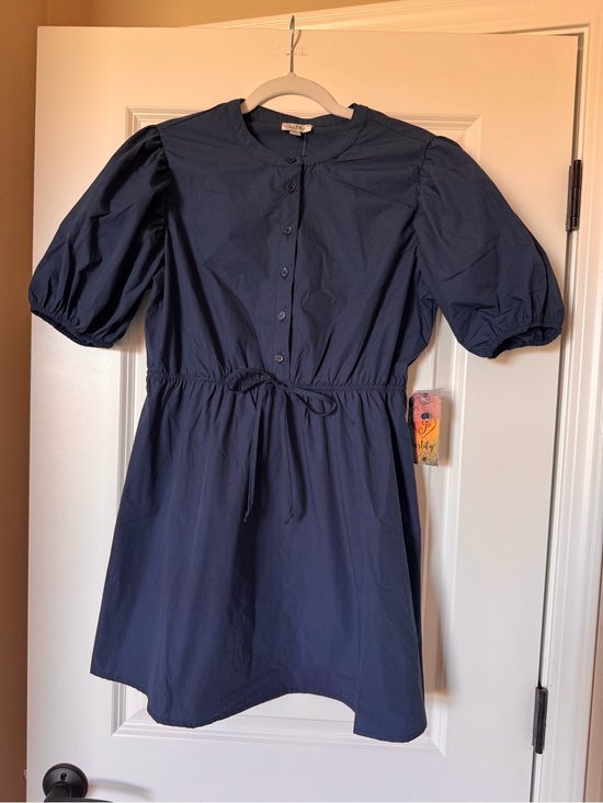 Justify Dresses & Skirts - Justify Navy Puff-Sleeve Mini Dress with Drawstring